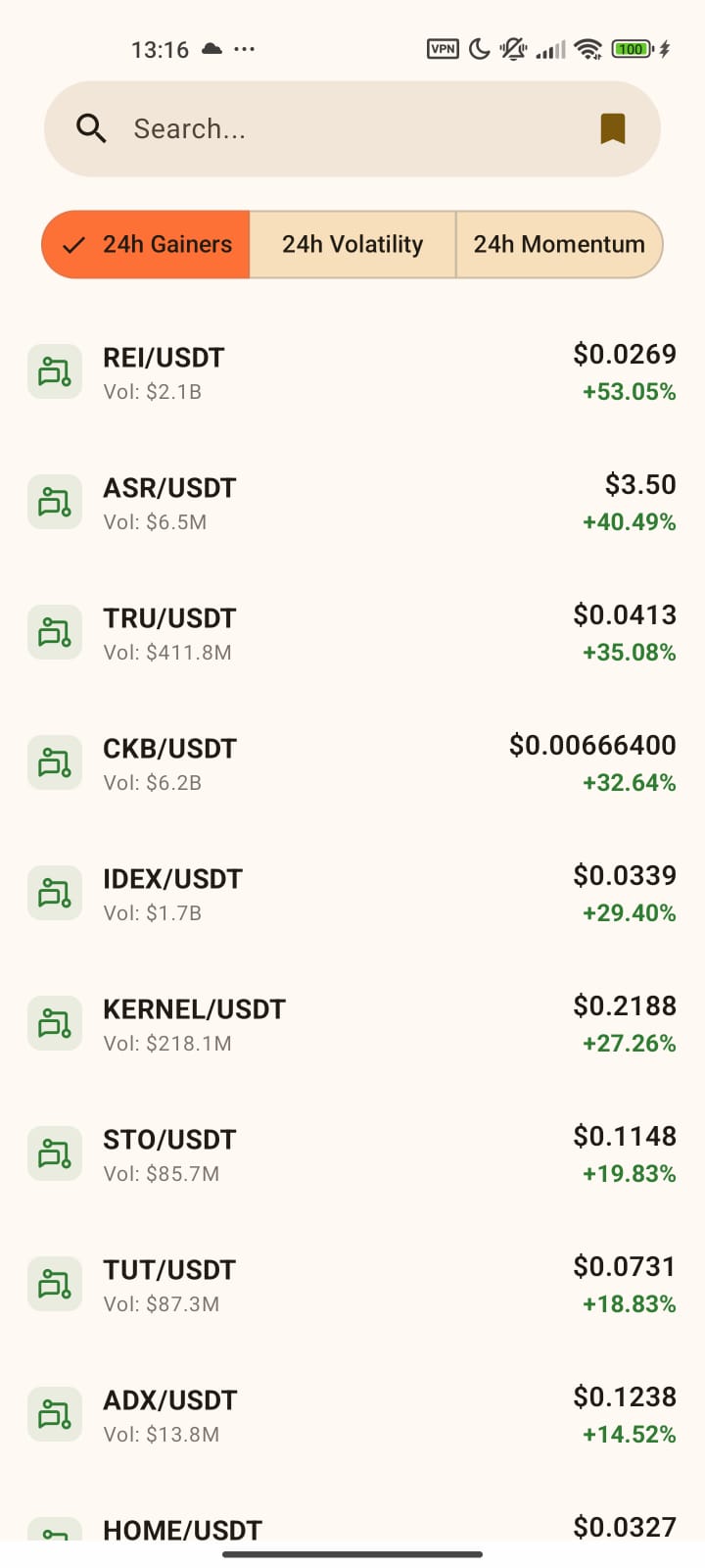 Crypto gainers dashboard showing top performing coins