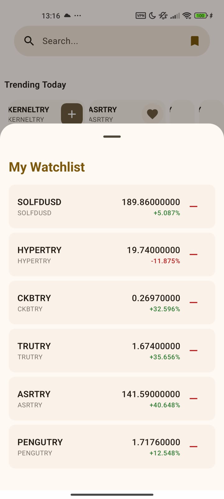 Personal watchlist with trending coins and favorites
